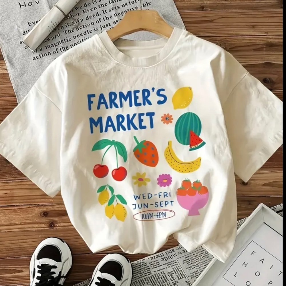 Colorful “Farmer’s Market” Fruit Print T-Shirt | Soft Women’s Casual Crewneck